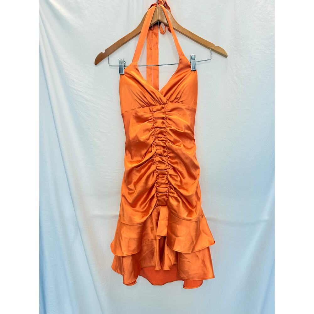 Morgan & Co. Orange Halter Dress Ruffle Size XS Formal Girls Womens Zipper‎ Back